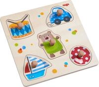 HABA 304608 - Greifpuzzle Spielsachen, 5-teiliges Holzpuzzle mit Spielzeug-Motiven
