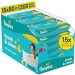 Pampers Fresh Clean Feuchtt&uuml;cher 15 Packungen mit 80 St&uuml;ck, 1200 Feuchtt&uuml;cher,