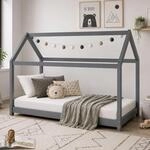 Homestyle4u Hausbett 90x200 Grau Kinderbett Bodenbett Kiefer | Montessori Bett...