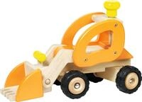 goki 55962 - Radlader aus Holz, Baustellenfahrzeug in gelb, lenkbar und mit