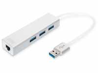 DIGITUS USB-Hub - 3 Ports - RJ45 Ethernet-Anschluss - Super-Speed USB 3.0 - 5 GBit/s