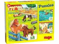 HABA 305237 - Puzzles Bauernhoftiere, 3 Puzzles mit 12, 15 und 18 Teilen und