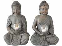 Buddha mit Windlicht, Buddhafigur, Gartenfigur mit Windlicht in den Händen aus