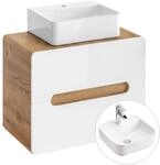 Lomadox Waschtisch 60 cm mit Unterschrank in Hochglanz wei&szlig; Wotan Eiche Nb.,...