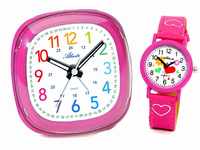 Kinderwecker Mädchen ohne Ticken Set mit Armbanduhr Pink - 1736-8 KAU