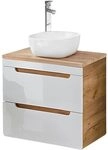 Lomadox Waschtisch mit 60 cm Unterschrank in Hochglanz wei&szlig; mit Wotan Eiche Nb.