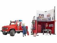 bruder 62701 - Bworld Feuerwehrstation mit Land Rover Devender, Feuerwehrmann,...