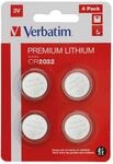 Verbatim Premium Lithium Knopfzellen CR2032 4-er Pack 3V 220mAh,
