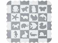 Juskys Kinder Puzzlematte Timon 36 Teile mit 16 Tieren in grau weiß -...
