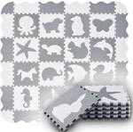 Juskys Kinder Puzzlematte Timon 36 Teile mit 16 Tieren in grau wei&szlig; -...
