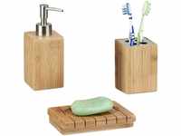Relaxdays Badaccessoires Bambus, 3-teiliges Badezimmer Set aus Seifenspender,
