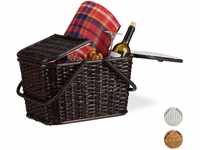 Relaxdays Picknickkorb mit Deckel, geflochten, Stoffbezug, Henkel, großer Tragekorb,