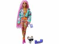Barbie GXF09 - Extra Puppe, Pinke Flechtzöpfe, in Floral bedruckter Jacke & Hose, DJ