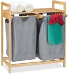 Relaxdays W&auml;schekorb mit Ablage, 2 F&auml;cher, 2x 30 l W&auml;sches&auml;cke, Bambus
