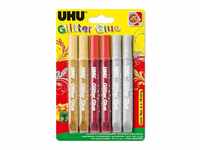UHU Glitter Glue, Klebstoff mit Glitzerpartikel, Silber/Gold/Rot, 6 x 10 ml