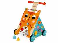 Janod Wooden Activity Baby Walker Cat - Push Along Toy with Brake and Height