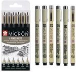 SAKURA Pigma Micron Fineliner-Stifte 6er-Set, wasserfeste, permanente schwarze Tinte,
