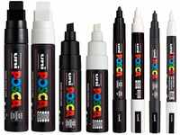 POSCA 8 Stifte (PC-17K, PC-8K, PC-5M, PC-3M) schwarz und weiß, mittelgroß bis...