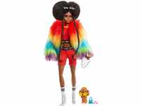 Barbie GVR04 - Extra Puppe, kuscheliger Regenbogen-Mantel mit Pudel, brünetten