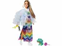 Barbie GYJ78 - Extra Puppe, Regenbogenkleid, blaue Rüschenjacke, Haustier-Krokodil,