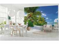 Komar Fototapete REUNION | 368 x 254 cm | Tapete, Wand Dekoration, Palmen, Strand,