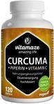 Kurkuma Kapseln hochdosiert & vegan, Piperin + Curcumin + Vitamin C, 120 Kapseln