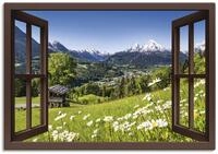 ARTLAND Wanddeko Leinwand Bilder Wandbild Fensterblick Fenster Alpen Landschaft...