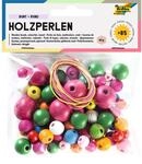 folia 2297 - Bunte Holzperlen, rund, 84 St&uuml;ck, bunt sortiert, mit 2 Schn&uuml;ren zum
