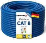 PremiumX 100m CAT 8 Verlegekabel | 40Gbit 2000MHz | S/FTP PIMF AWG22 Reinkupfer | Eca
