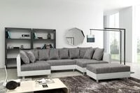 Kuechen-preisbombe Wohnlandschaft Sofa Couch Ecksofa Eckcouch + Hocker wei&szlig;/hellgrau