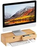 Relaxdays Monitorst&auml;nder aus Bambus, PC Erh&ouml;hung mit 2 Schubladen, f&uuml;r