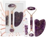 CRYSTALLOVE Amethyst Gesichtsroller Set + Gua Sha Stein + Rollon &Ouml;lkristalle 10 ml