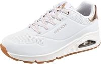 Skechers Damen Uno Shimmer Away Trainers, White Durabuck, Rose Gold Duraleather/Mesh