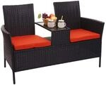 Mendler Poly-Rattan Sitzbank mit Tisch HWC-E24 - schwarz, Kissen Terracotta