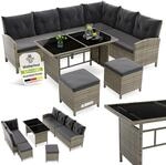 Juskys Polyrattan Lounge Manacor mit Ecksofa, Esstisch, 2 Hocker & Kissen -