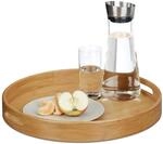 Relaxdays Serviertablett Bambus rund, erh&ouml;hter Rand, Gastrotablett, Griffl&ouml;cher,