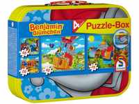 Schmidt Spiele 55594 Benjamin Blümchen, 4 Kinderpuzzle im Metallkoffer, 2x26 und