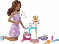 Barbie Kitty Condo Spielset, Barbie mit braunen Haaren, 5 Kätzchen, Katzenspielzeug,