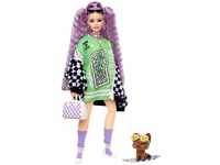 Barbie Extra, lila Locken und Be The Boss grünes Kleid mit kariertem Mantel, Hund