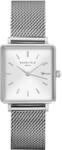 Rosefield Boxy Damenuhr mit silberfarbenem Edelstahl-Mesh-Armband 24mm