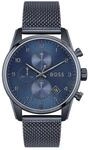 BOSS Chronograph Quarz Uhr f&uuml;r Herren mit Blaues Edelstahl-Mesh-Gliederarmband -