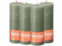 Bolsius Rustik Stumpenkerzen - Olivengrün - 4 Stück - 19 x 7 cm - Länge Brenndauer