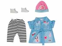 BABY born Deluxe Jeans Kleid, Puppenkleid mit gestreifter Leggings, rosa Mütze und