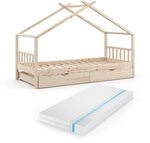 VitaliSpa Hausbett Design, Naturholz, 90x200 cm mit G&auml;stebett und Matratze, mit