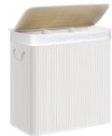 SONGMICS W&auml;schekorb 3 F&auml;cher, 150 L W&auml;schesammler mit Deckel, W&auml;schebox Bambus,
