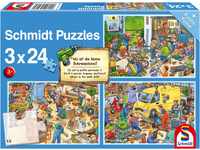 Schmidt Spiele 56417 Wo ist die kleine Bohrmaschine-3x24 Teile Kinderpuzzle, bunt,