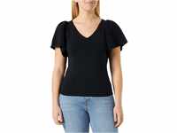 VERO MODA Damen Geripptes Rüschen T-Shirt Kurzarm V-Neck Top Strick Stretch Shirt