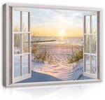 WallArena - Leinwand Bilder - Fensterbilck Strand Meer Natur Landschaft - 80x60 cm