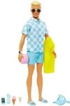 Barbie Ken - Blonde Puppe mit blauem Hemd und Badehose, Strand-Accessoires und