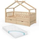 VitaliSpa Hausbett Design, Naturholz, 80x160 cm mit 2 Schubladen und Matratze,